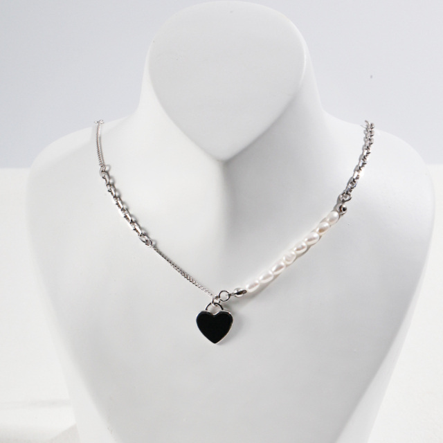 Sterling Silver Oval Shaped Pearl Heart Metal Choker Necklace-3