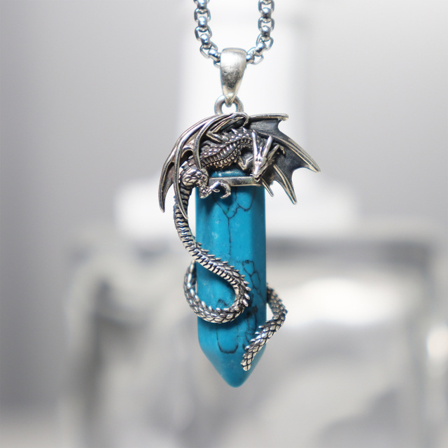 Sterling Silver Turquoise Dragon Pendant Necklace for Men-3