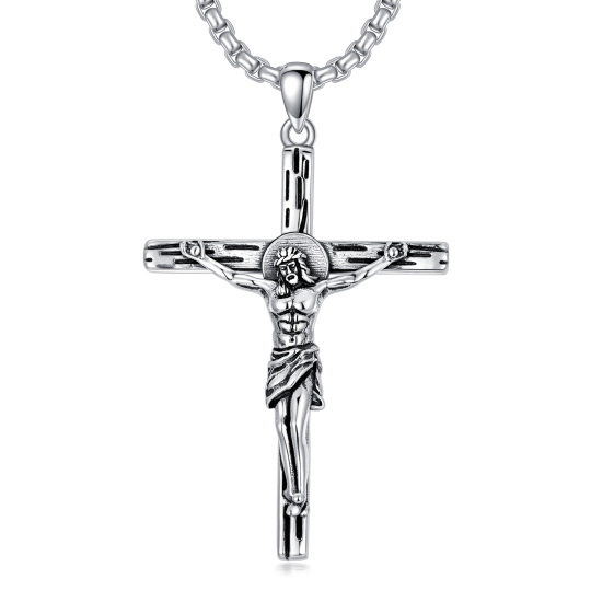 Collier en argent sterling avec croix et pendentif Jésus pour hommes