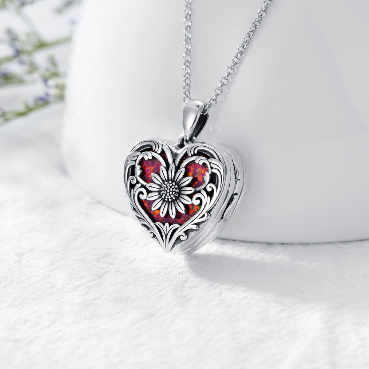 Sterling Silver Heart Shaped Opal & Personalized Engraving Sunflower & Personalized Photo & Heart Personalized Photo Locket Necklace-3