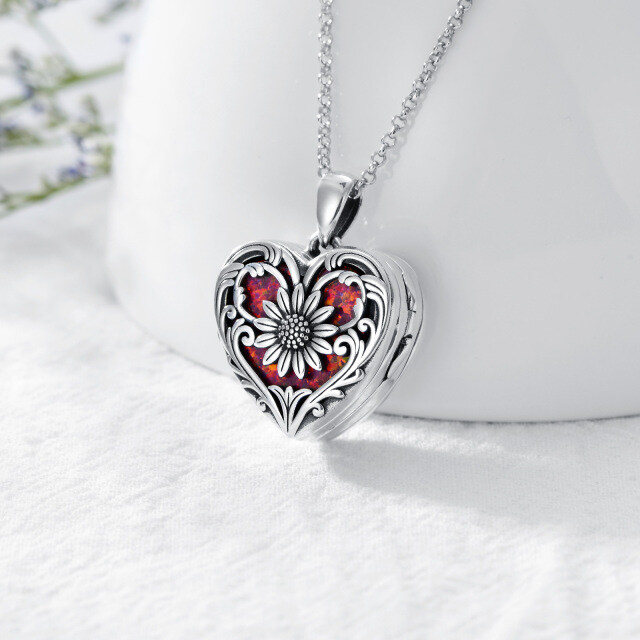 Opala de prata esterlina em forma de coração e gravura personalizada de girassol e foto personalizada e colar de medalhão com foto personalizada de coração-2