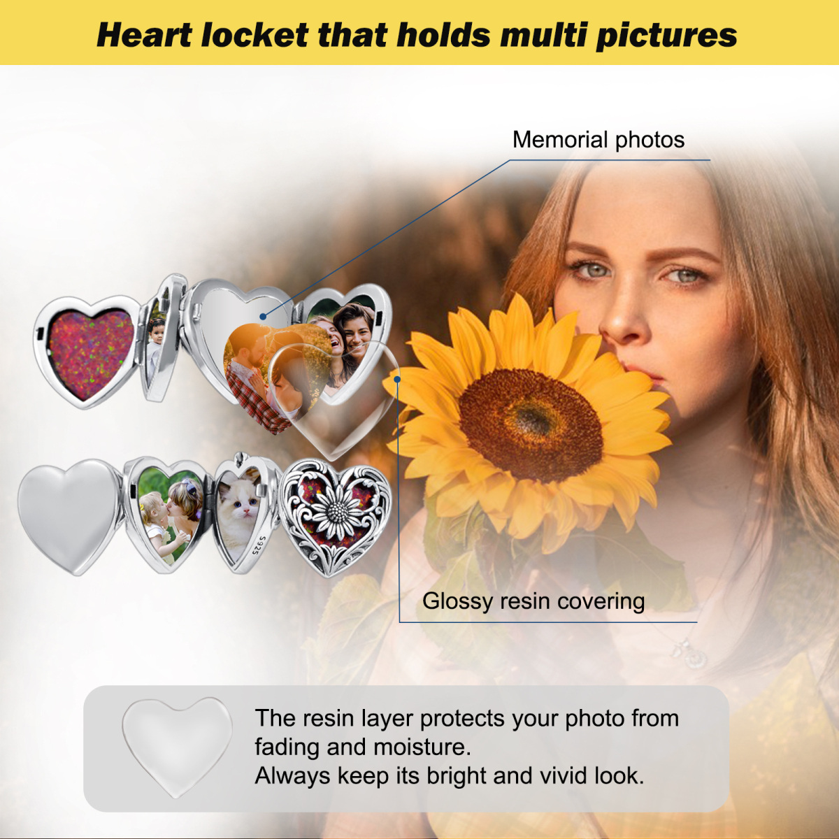 Plata de ley en forma de corazón ópalo y grabado personalizado girasol y foto personalizada y el corazón collar personalizado foto relicario-7