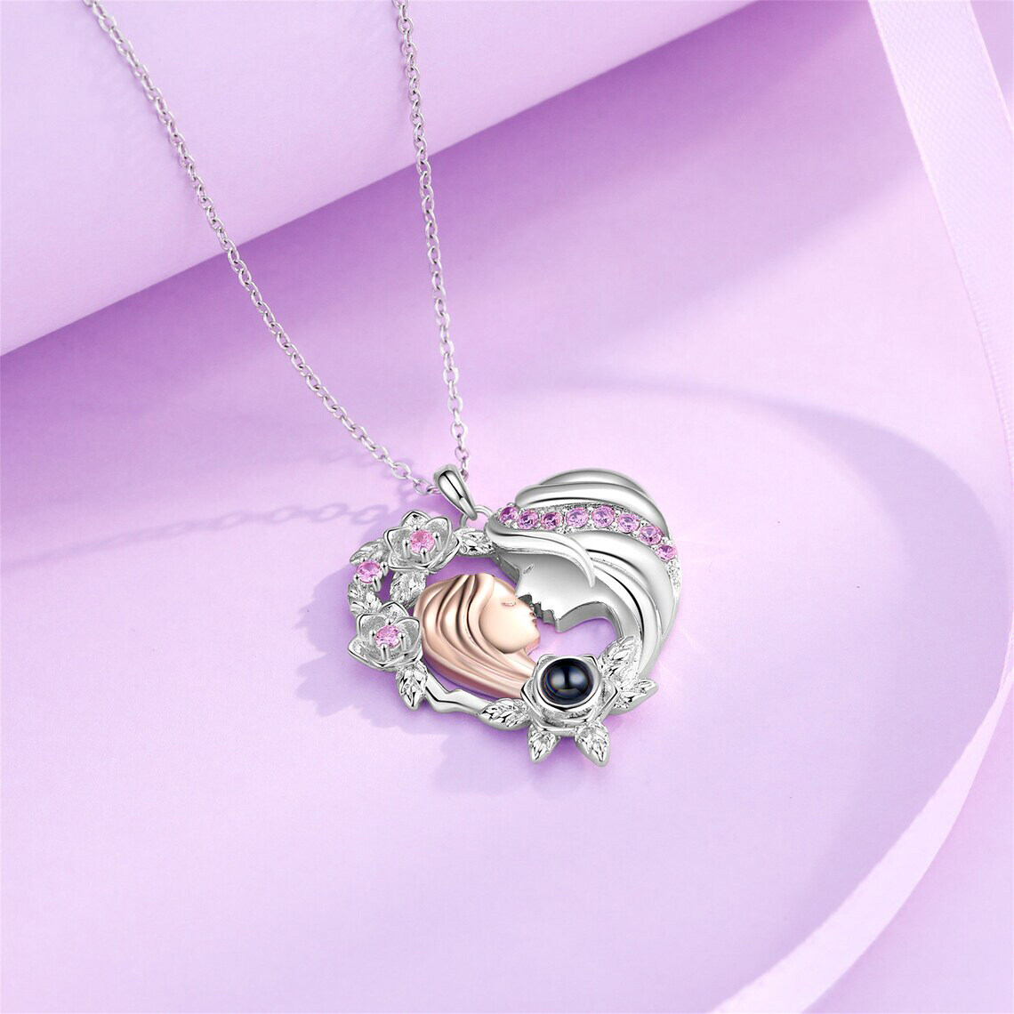 Sterling Silver Cubic Zirconia & Projection Stone Personalized Photo & Mother & Daughter & Heart Pendant Necklace-4