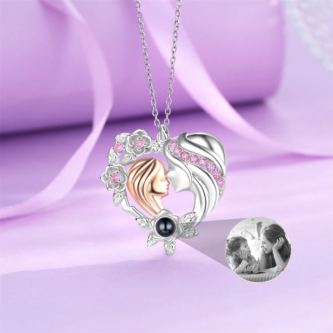 Sterling Silver Cubic Zirconia & Projection Stone Personalized Photo & Mother & Daughter & Heart Pendant Necklace-3