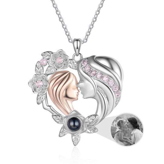 Sterling Silver Cubic Zirconia & Projection Stone Personalized Photo & Mother & Daughter & Heart Pendant Necklace