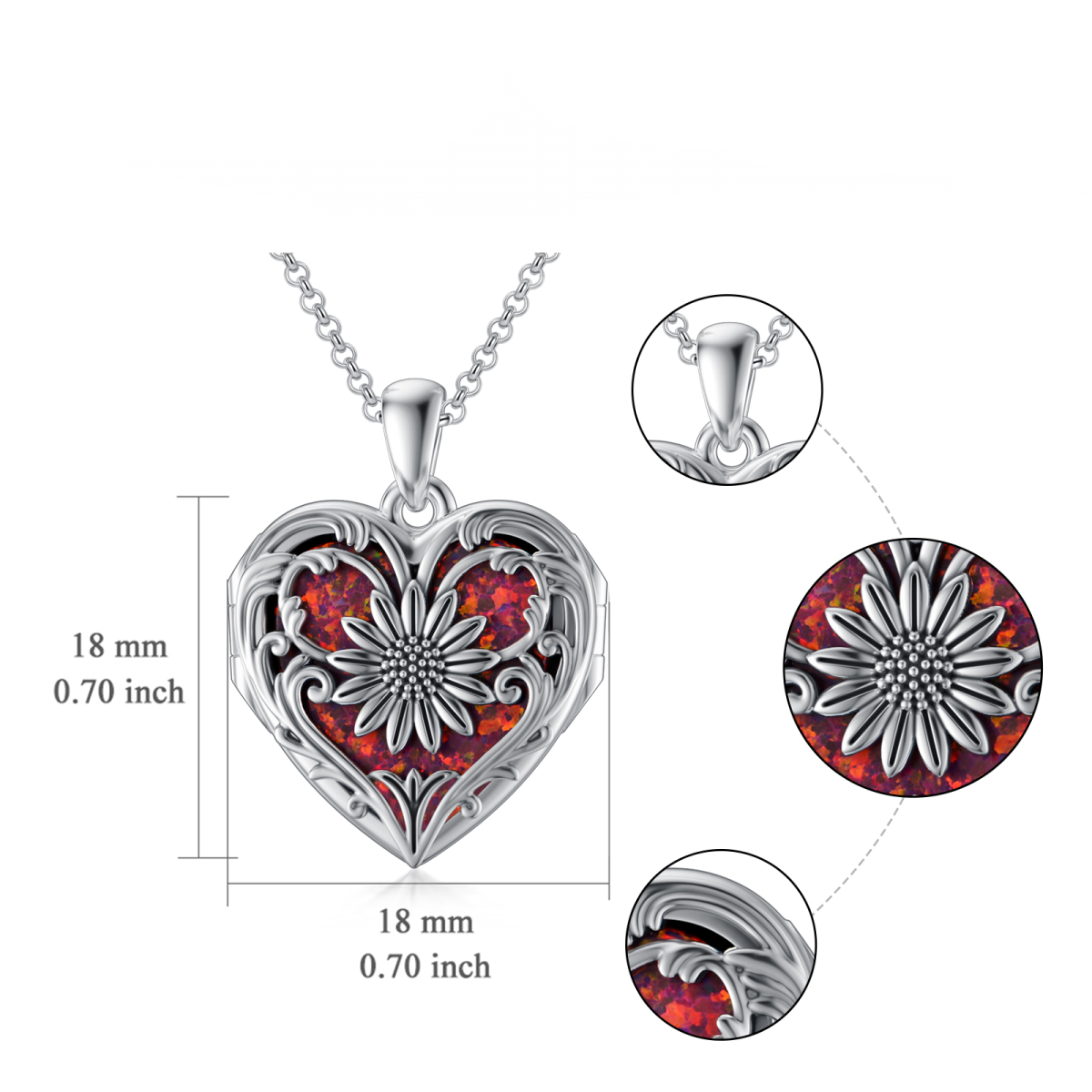 Sterling Silver Red Opal Sunflower & Heart Personalized Engraving Photo Locket Necklace-7