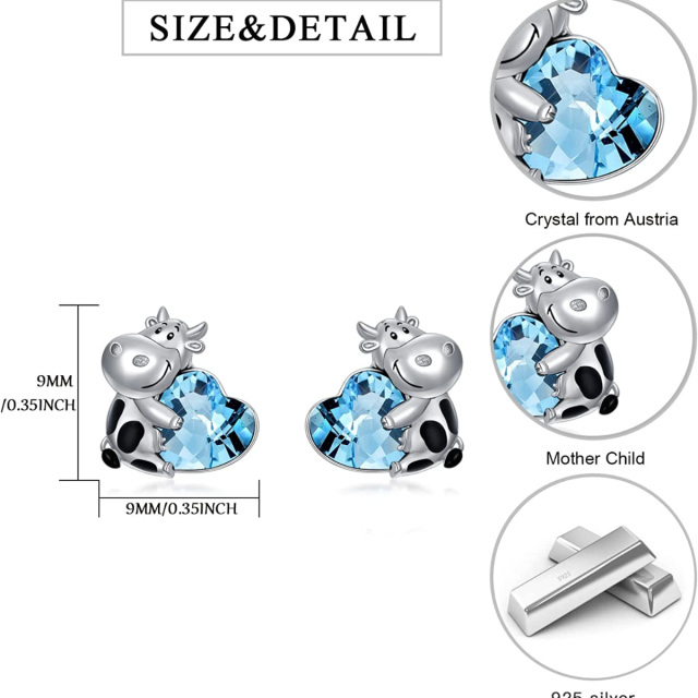 Sterling Silver Heart Shaped Crystal Cow & Heart Stud Earrings-5