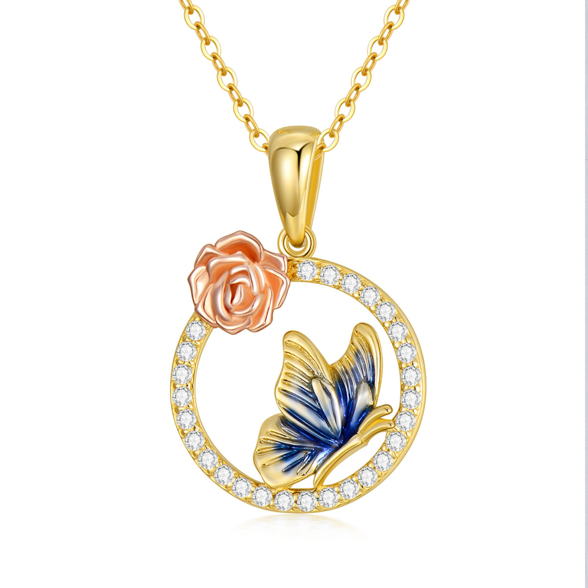 14K Gold Zircon Butterfly & Rose Pendant Necklace-1