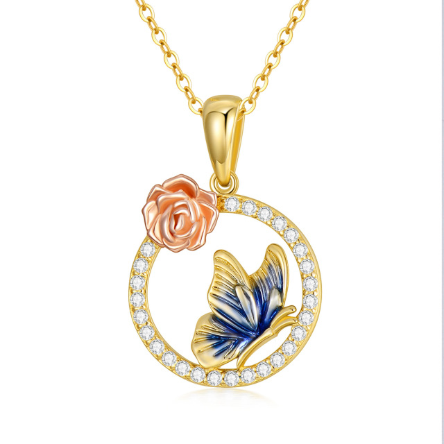 14K Gold Zirkon Schmetterling & Rose Anhänger Halskette-0