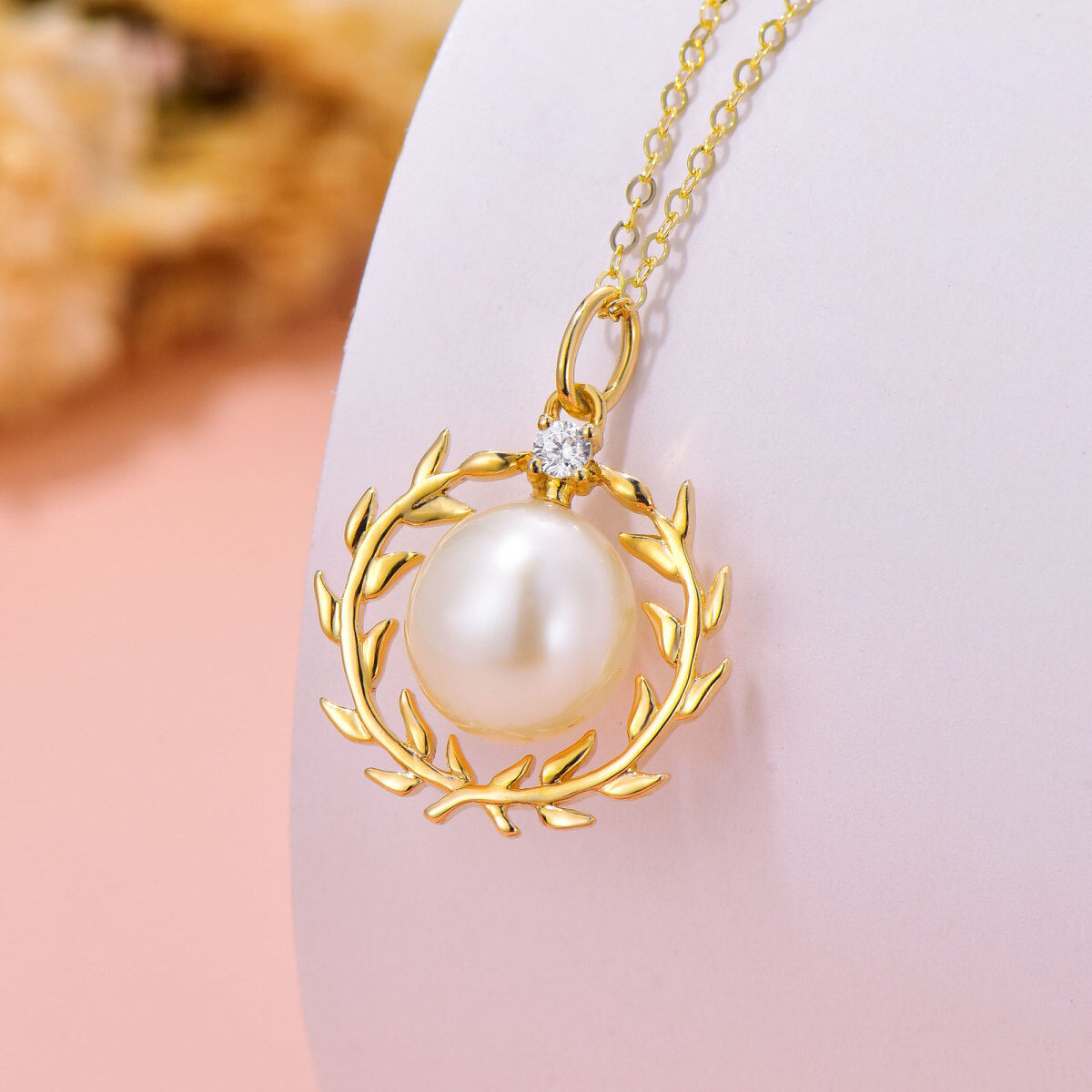 14K Gold Round Cubic Zirconia & Pearl Bead Pendant Necklace-4