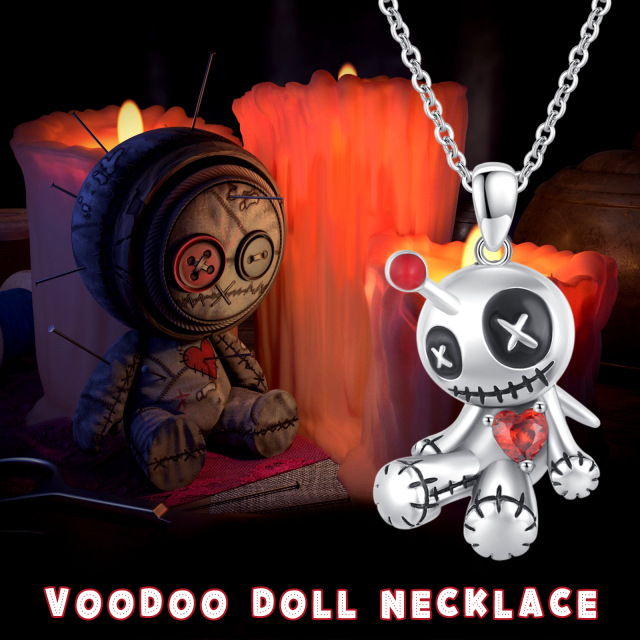 Sterling Silver Cubic Zirconia Voodoo Dolls Pendant Necklace-5