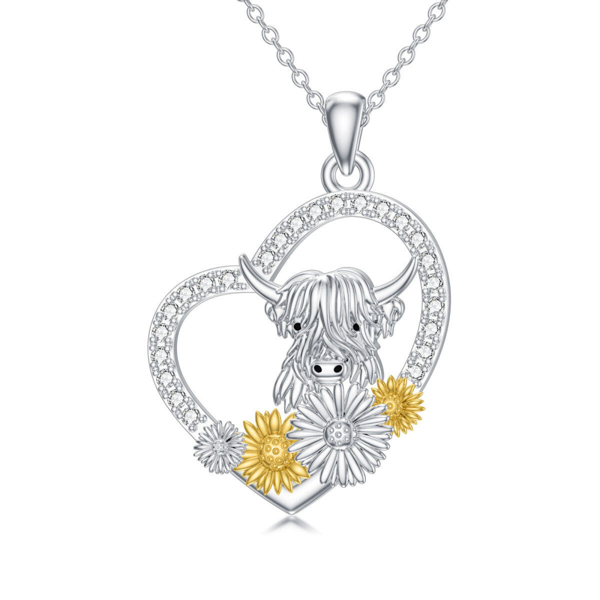 Sterling Silver Two-tone Round Cubic Zirconia Highland Cow & Sunflower & Heart Pendant Necklace-1
