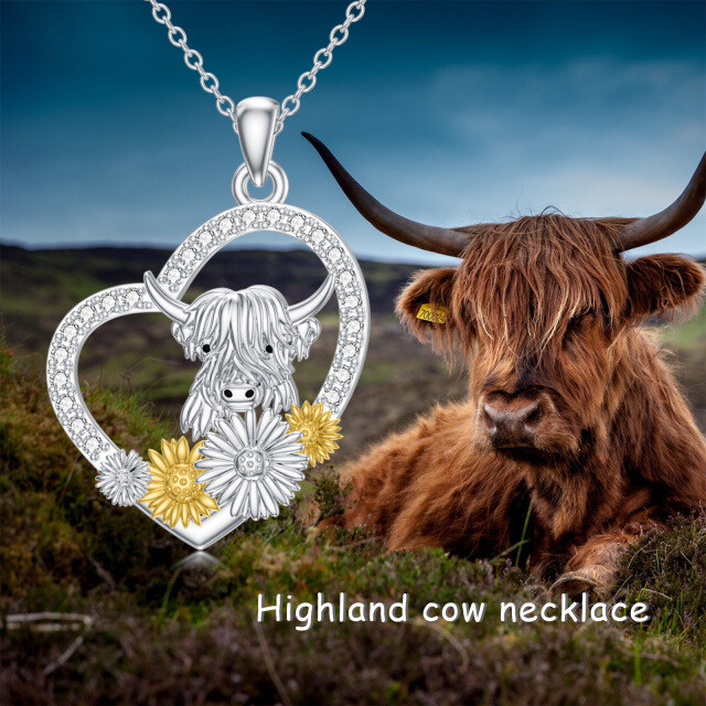 Sterling Silver Two-tone Round Cubic Zirconia Highland Cow & Sunflower & Heart Pendant Necklace-4