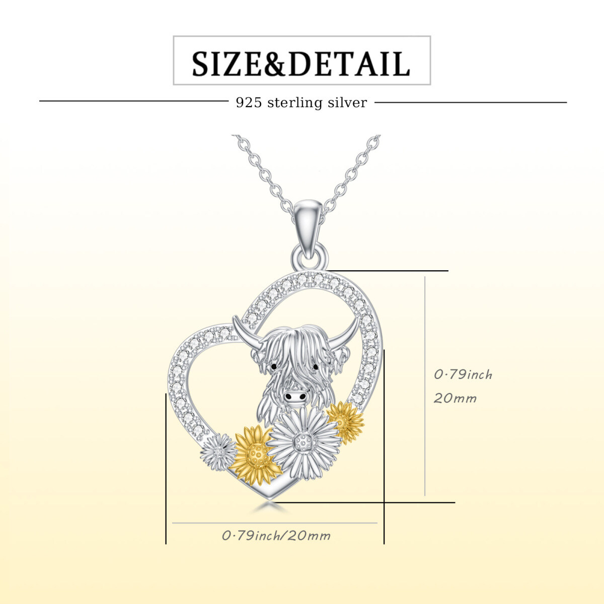 Sterling Silver Two-tone Round Cubic Zirconia Highland Cow & Sunflower & Heart Pendant Necklace-6