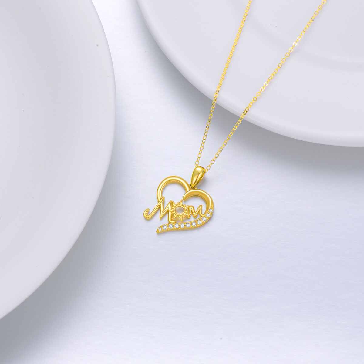 14K Gold Round Zircon Heart Pendant Necklace-4
