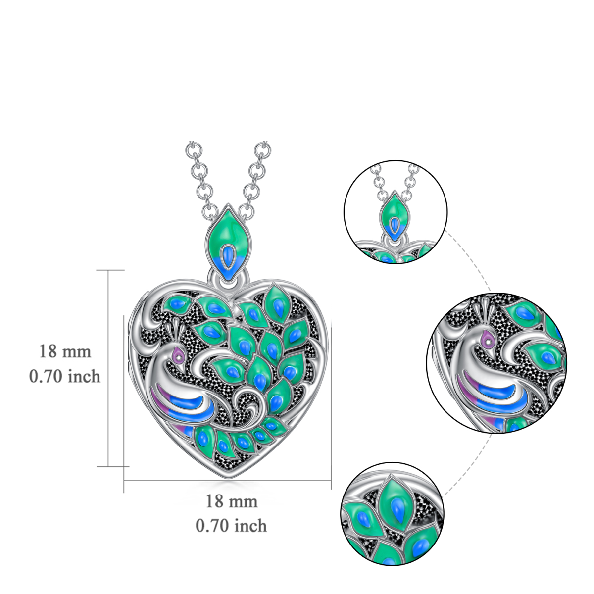 Sterling Silver Peacock Heart Personalized Photo Locket Necklace-7