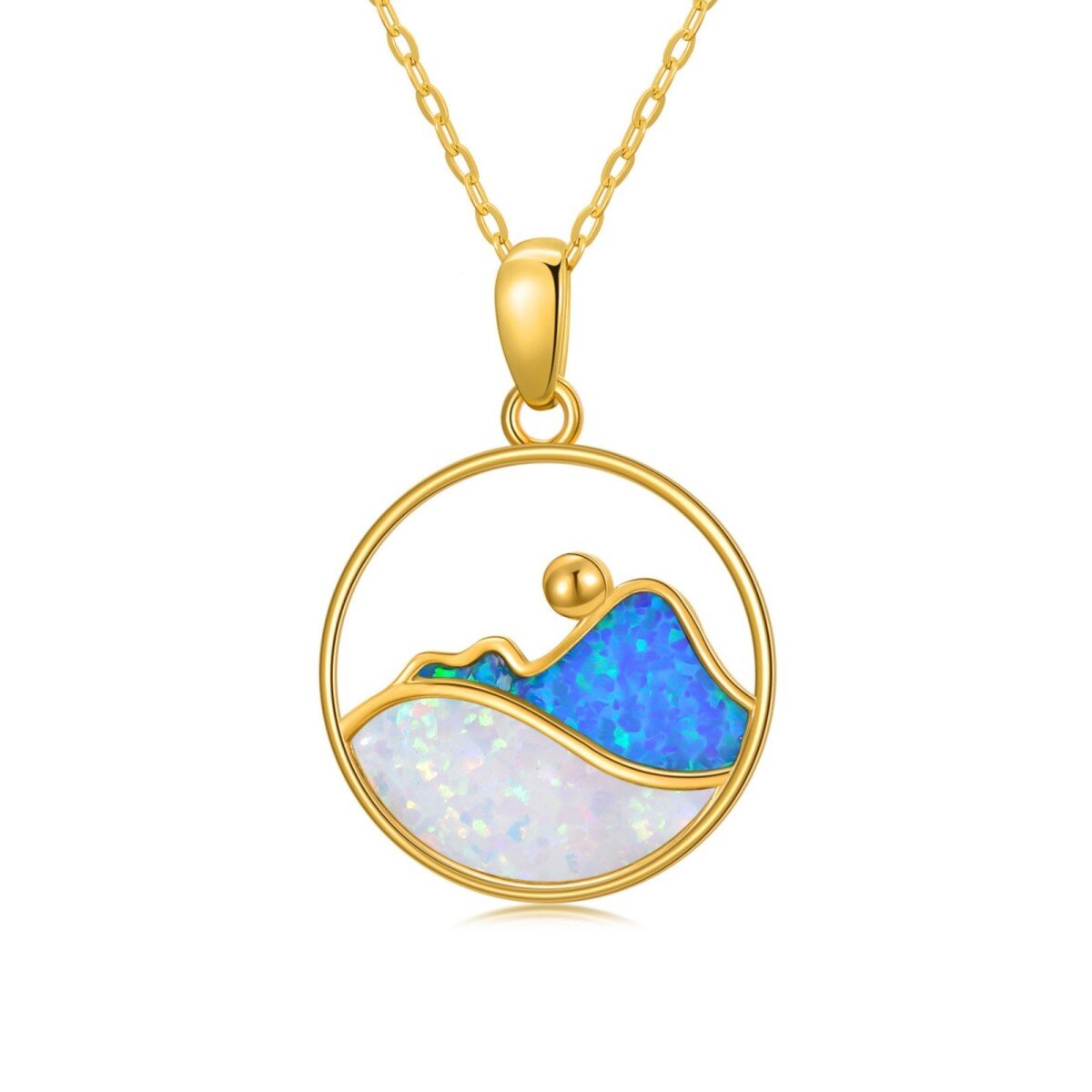 14K Gold Round Opal Mountains Pendant Necklace-1
