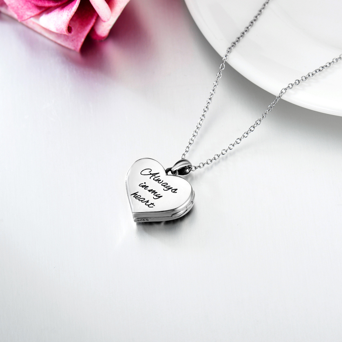 925 Sterling Silver Personalized Heart Butterfly Zircon Photo Locket Necklace-4