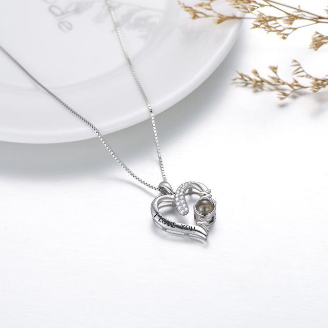 Sterling Silver Circular Shaped Projection Stone Mother & Heart Pendant Necklace with Engraved Word-3