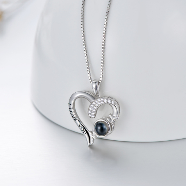 Sterling Silver Circular Shaped Projection Stone Mother & Heart Pendant Necklace with Engraved Word-2