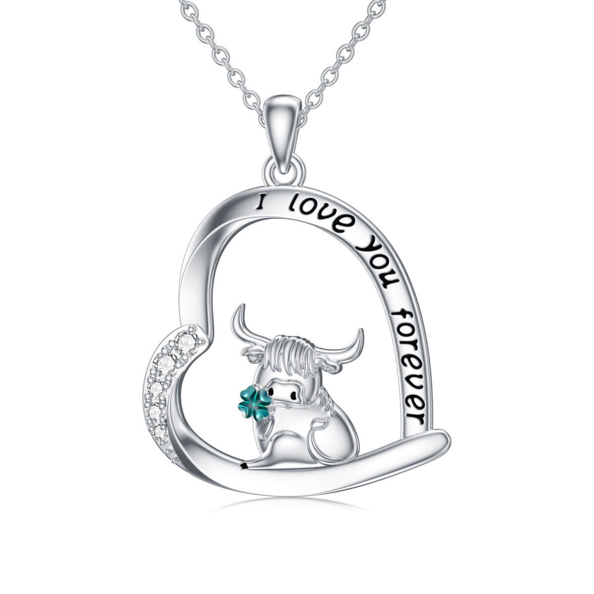 Sterling Silver Cubic Zirconia Highland Cow with Four-leave Clover Pendant Necklace with Engraved Word-1