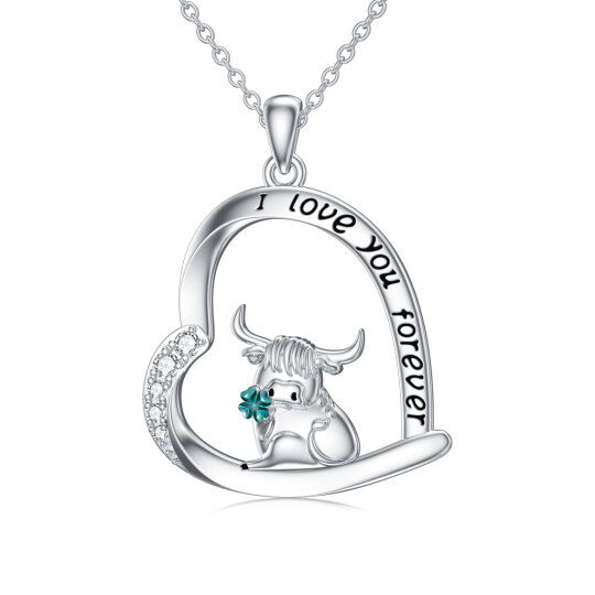 Sterling Silver Cubic Zirconia Highland Cow with Four-leave Clover Pendant Necklace with Engraved Word