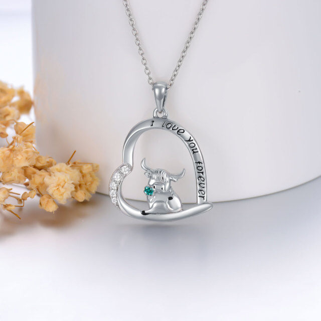 Sterling Silver Cubic Zirconia Highland Cow with Four-leave Clover Pendant Necklace with Engraved Word-2