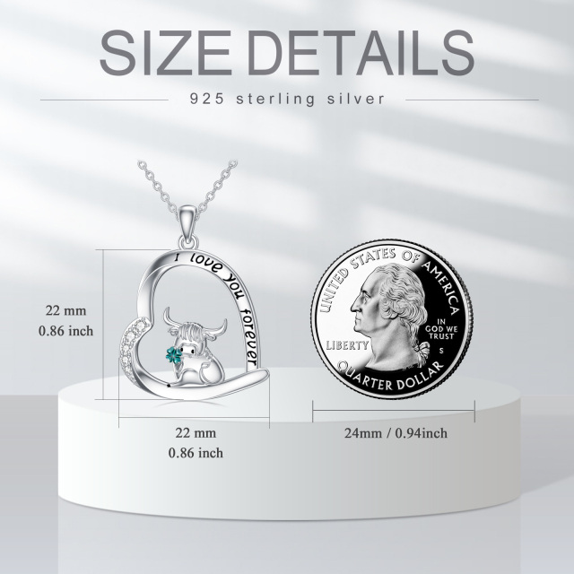 Sterling Silver Cubic Zirconia Highland Cow with Four-leave Clover Pendant Necklace with Engraved Word-4