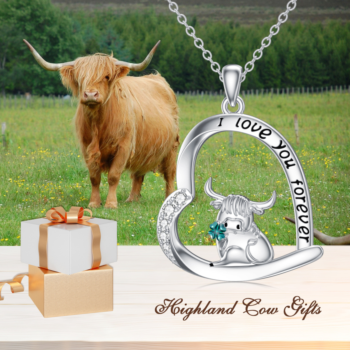 Sterling Silver Cubic Zirconia Highland Cow with Four-leave Clover Pendant Necklace with Engraved Word-6