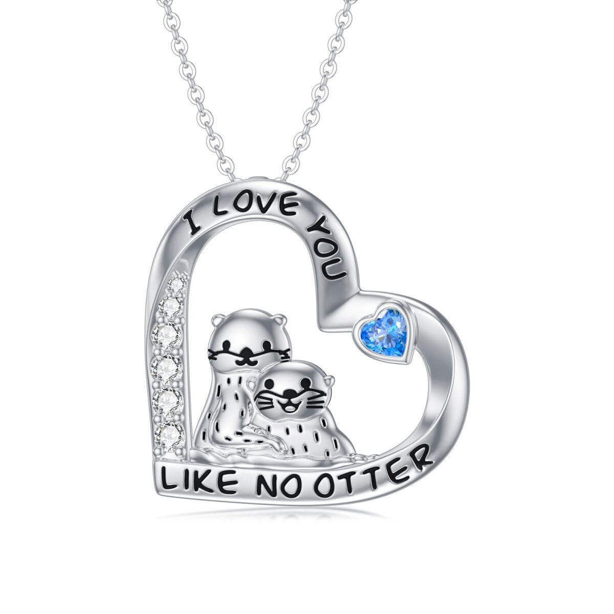 Sterling Silver Circular Shaped & Heart Shaped Cubic Zirconia Sea Otter & Heart Pendant Necklace with Engraved Word-1