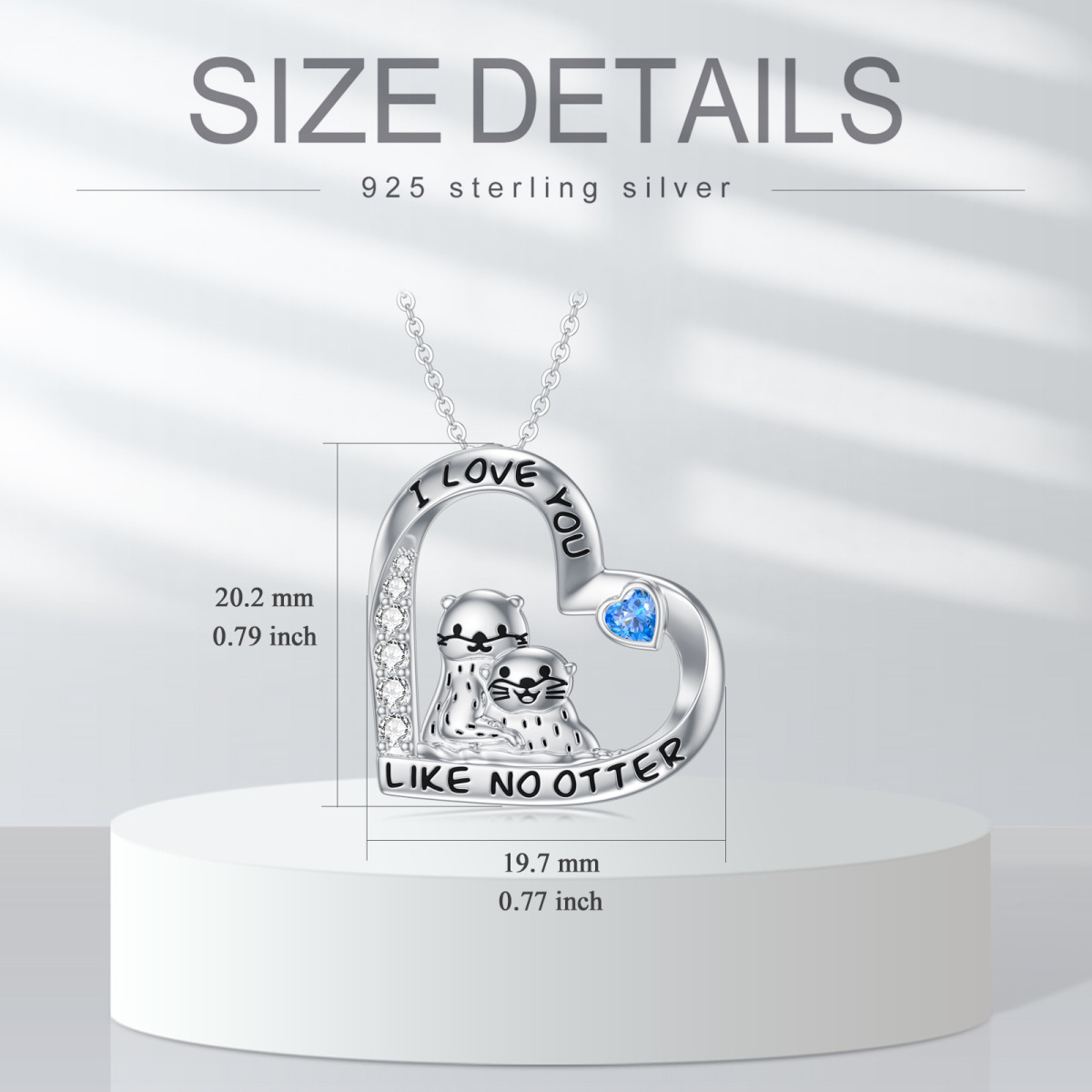 Sterling Silver Circular Shaped & Heart Shaped Cubic Zirconia Sea Otter & Heart Pendant Necklace with Engraved Word-6