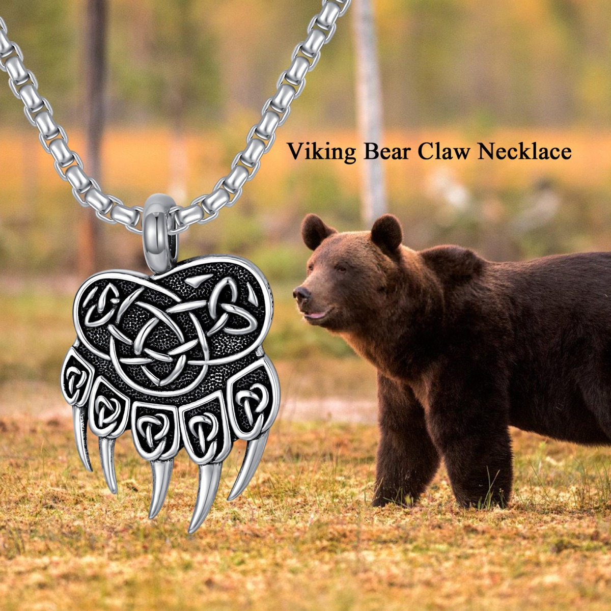 Sterling Silver Bear & Viking Rune Pendant Necklace-7