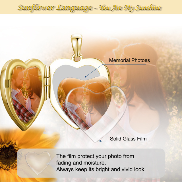 10K Gold Sunflower & Heart Personalized Photo Locket Necklace-4