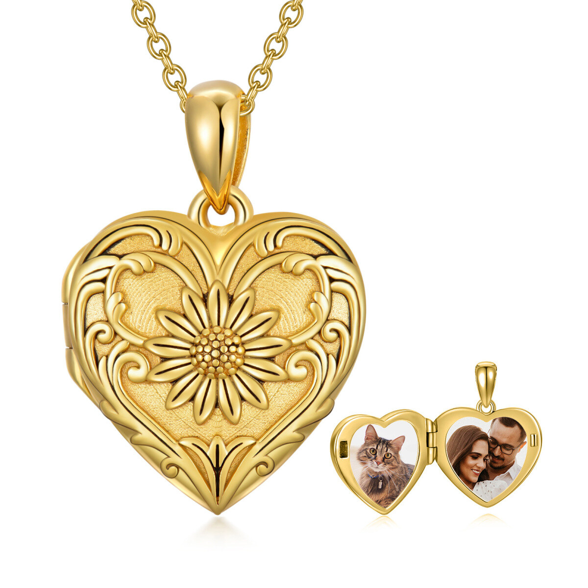 10K Gold Sunflower & Heart Personalized Photo Locket Necklace-1