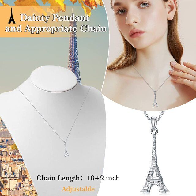 Sterling Silver Circular Shaped Cubic Zirconia Iron Tower Pendant Necklace-6