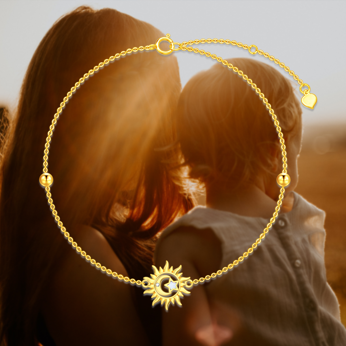 Armband mit Mond- und Sonnenanhänger aus 9 Karat Gold mit rundem Diamanten und Opal-5