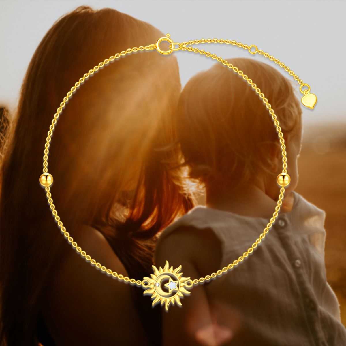 Pulsera con colgante de sol y luna de ópalo y diamantes redondos de oro de 9 quilates-5