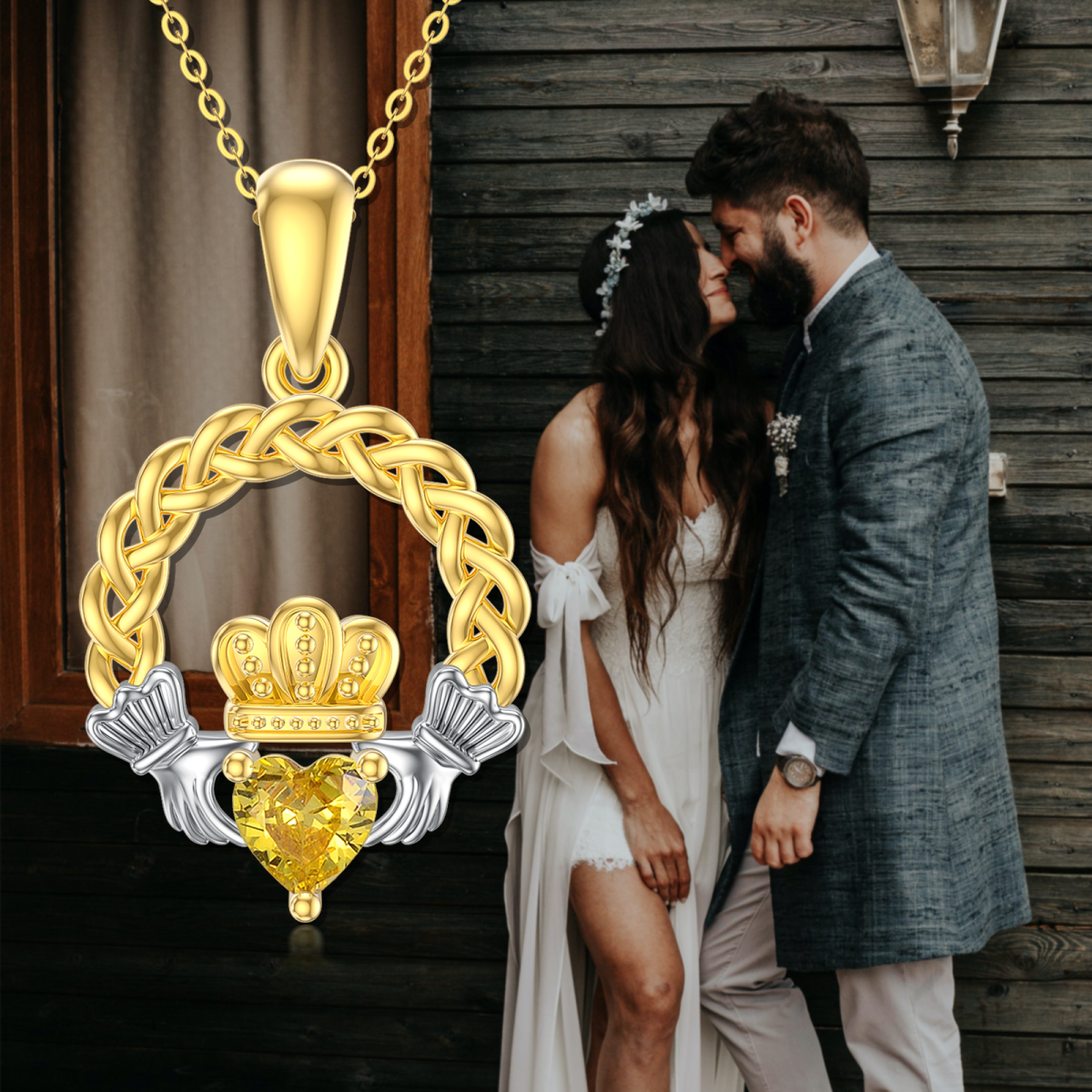 Halskette mit keltischem Knotenanhänger aus 9 Karat Weißgold und Gelbgold mit Herz und Zirkonia-5