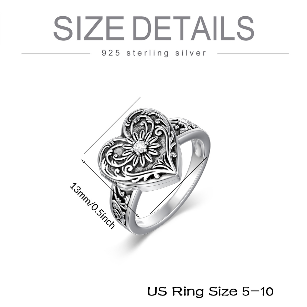 Sterling Silver Circular Shaped Cubic Zirconia Sunflower & Heart Signet Ring-7