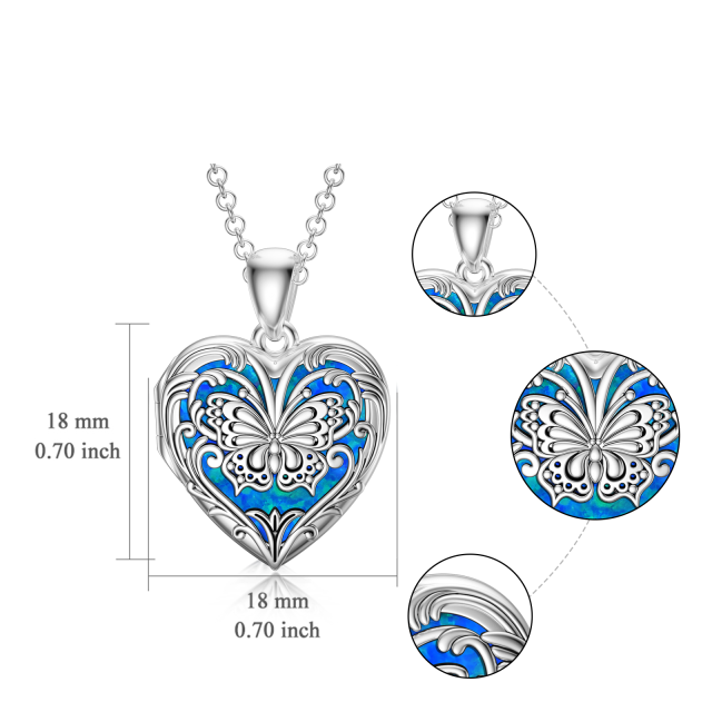 Sterling Silver Butterfly Heart Shaped Blue Opal Personalized Photo Locket Necklace-5