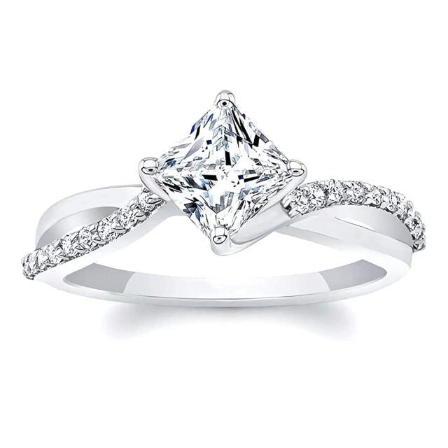 Sterling Silver Princess-square Shaped Moissanite Personalized Engraving Engagement Ring-0