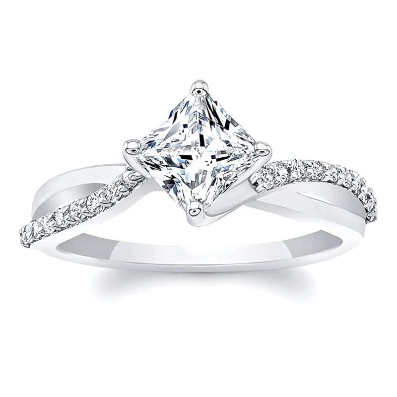Sterling Silver Princess-square Shaped Moissanite Personalized Engraving Engagement Ring