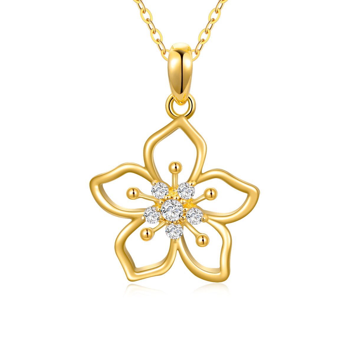 14K Gold Round Moissanite Cherry Blossom Pendant Necklace-1