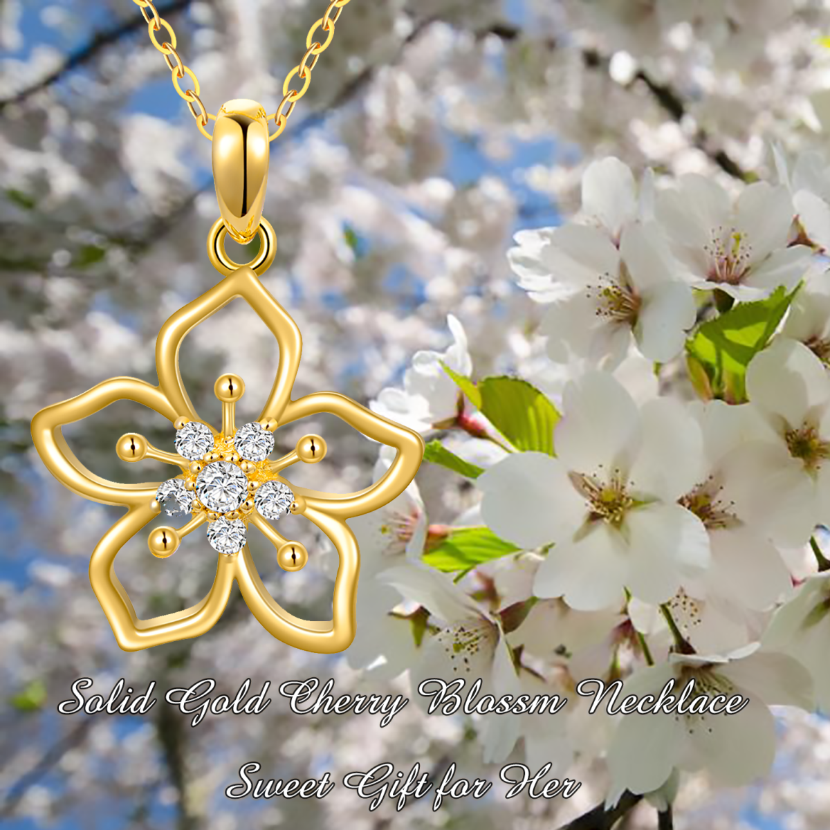 14K Gold Round Moissanite Cherry Blossom Pendant Necklace-6