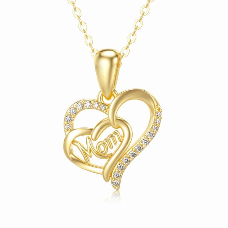 14K Gold Cubic Zirconia Heart With Heart Pendant Necklace with Engraved Word