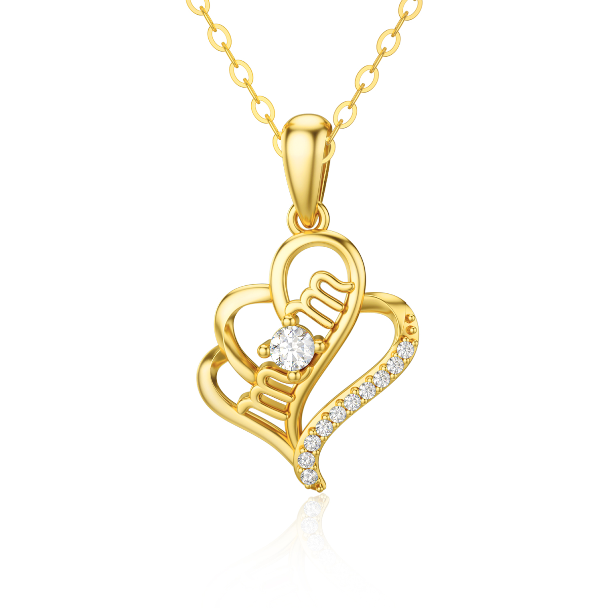 14K Gold Circular Shaped Cubic Zirconia Heart Pendant Necklace with Engraved Word-1