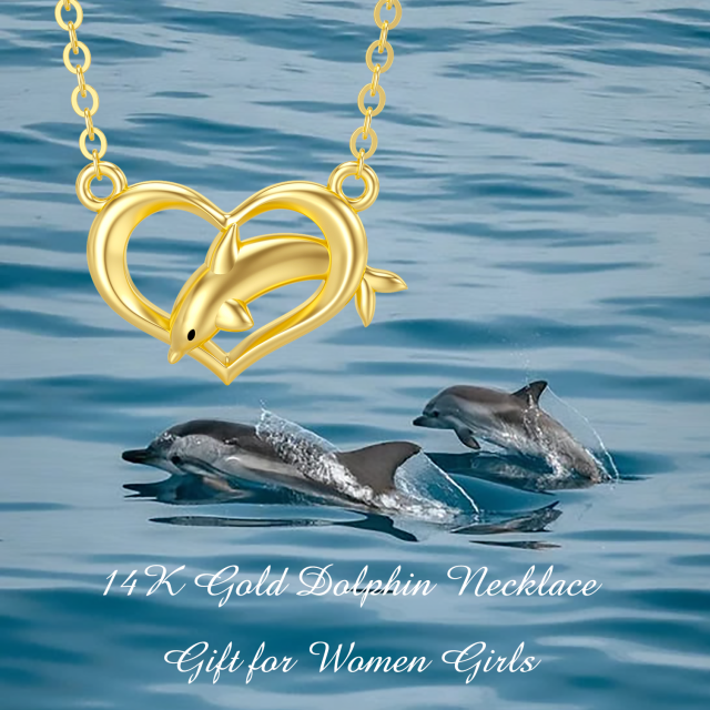 14K Gold Dolphin & Heart Pendant Necklace-4