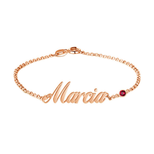 Sterling Silver with Rose Gold Plated Cubic Zirconia Personalized Birthstone & Personalized Classic Name Pendant Bracelet