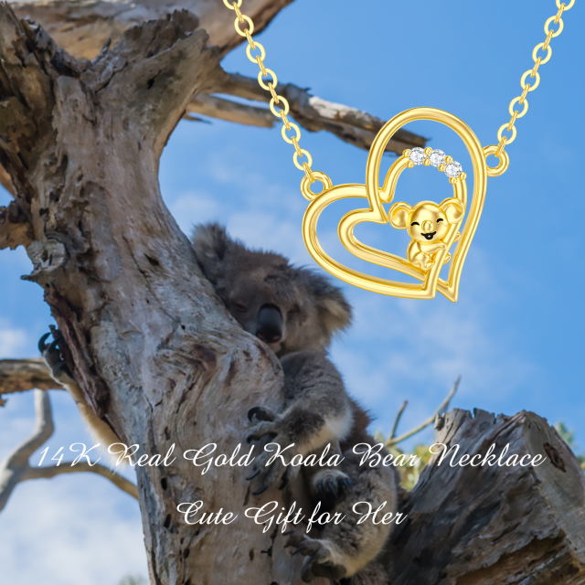 Colar com pendente Koala e Coração com Coração em Zircónio Cúbico em Ouro de 14K-4