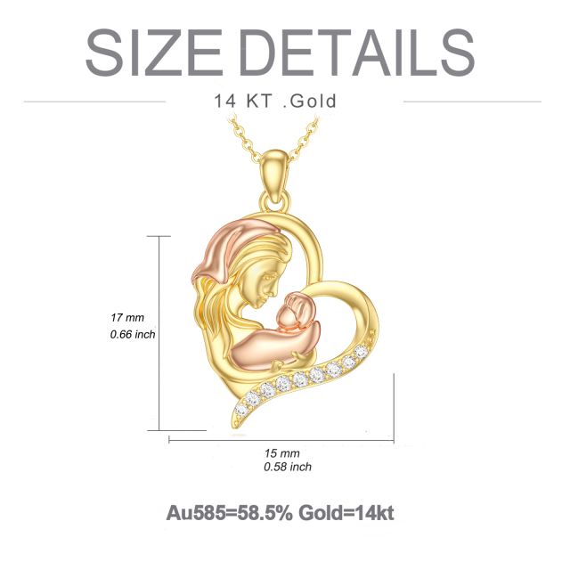 14K Gold & Rose Gold Round Cubic Zirconia Mother & Daughter & Heart Pendant Necklace-4